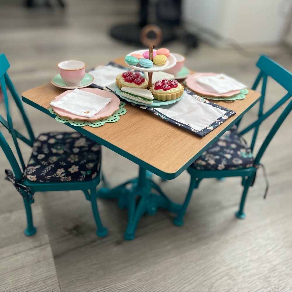 American Girl Teal Dining Set with Floral Cushions and Tea Party Accessories